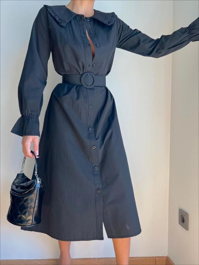 MyBee Рокля С Колан С Детайли На Яка Дрехи на едро Памук