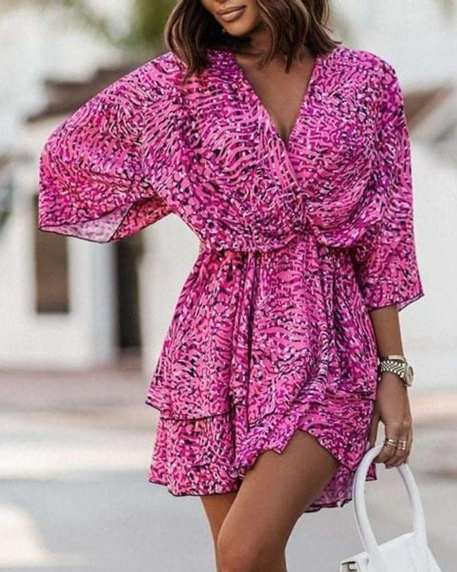 MyBee Vestido com peito duplo Fúcsia Roupas por atacado Casual