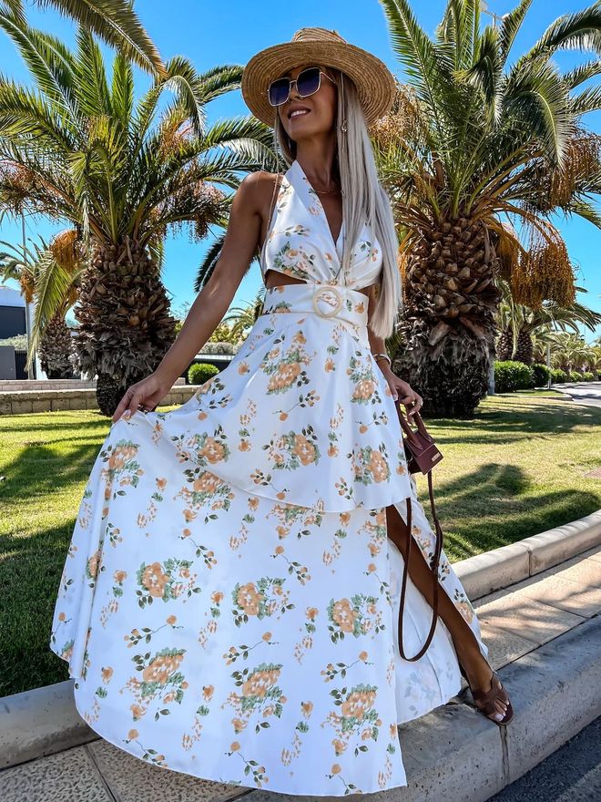 MyBee Floral Pattern Dress White Wholesale Clothing Casual