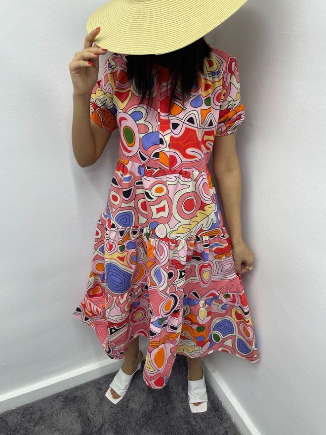 MyBee Patterned Dress Pink Wholesale Clothing Casual