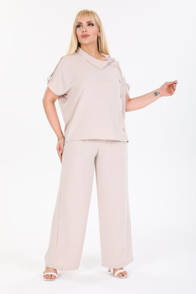 MyBee Battal Aerobin 2 Piece Suit Beige Wholesale Clothing Plus Size