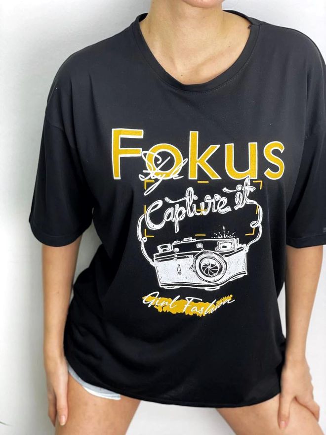 MyBee Camiseta Focus Preta Roupas por atacado Casual