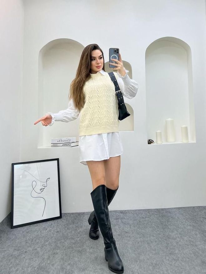 MyBee فستان قميص مفصل تريكو بيج فاتح ملابس بالجملة 1