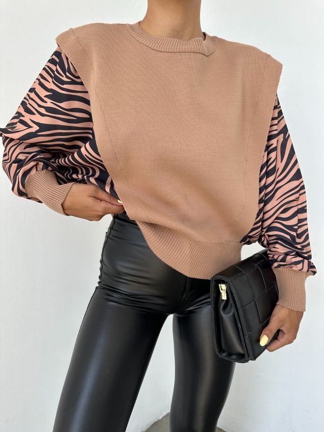 MyBee Sleeve Detail Knitwear Sweater Zebra Brown Wholesale Clothing Casual