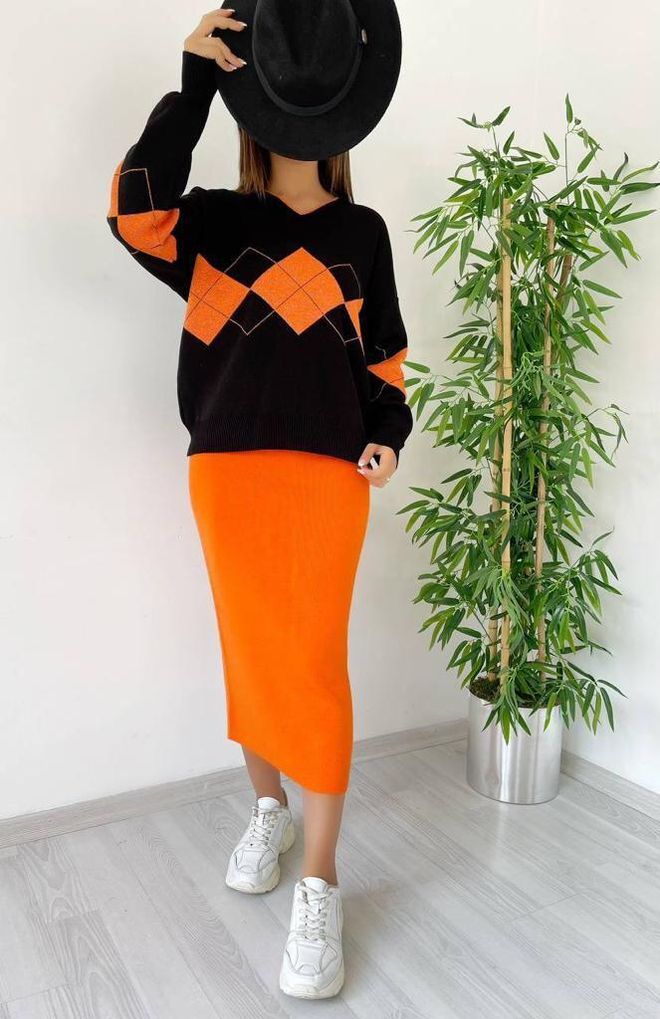 MyBee Strickrockanzug Orange Großhandelskleidung Lässig