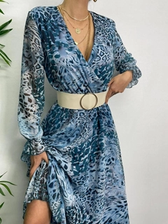 A wholesale clothing model wears MYB10315 - Belted Chiffon Dress - Blue1, Turkish wholesale Dress of MyBee