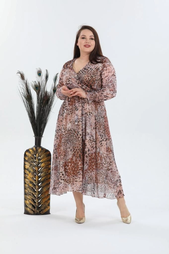 A wholesale clothing model wears MYB10316 - Chiffon Dress - Brown, Turkish wholesale Dress of MyBee
