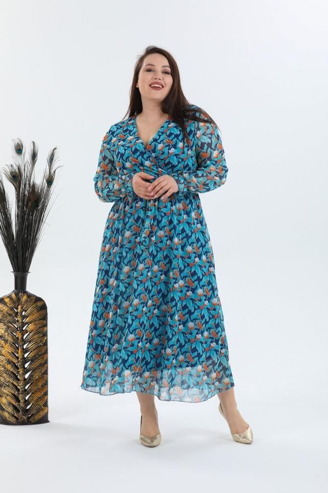 MyBee Robe En Mousseline De Soie Bleu (tuile) Vêtements en gros Grande taille