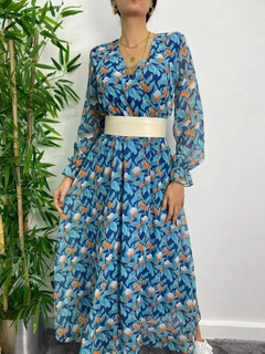A wholesale clothing model wears MYB10317 - Chiffon Dress - Blue(tile), Turkish wholesale Dress of MyBee