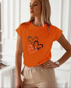 A wholesale clothing model wears MYB10319 - T-Shirt Three Hearts - Orange, Turkish wholesale Tshirt of MyBee