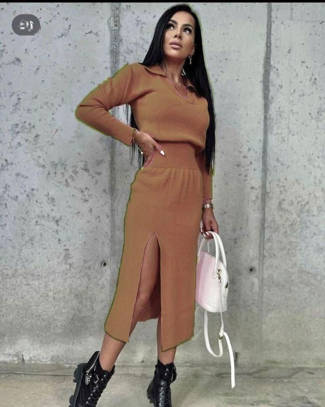 MyBee Knitwear Dress Camel Wholesale Clothing Casual