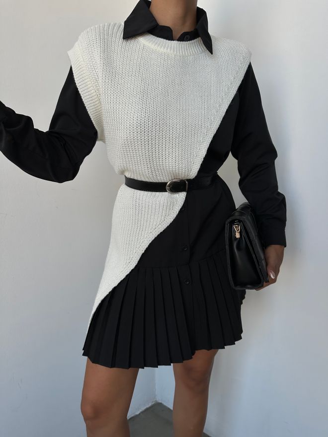 MyBee Cross Knit White Belted Shirt Dress Black Wholesale Clothing Casual