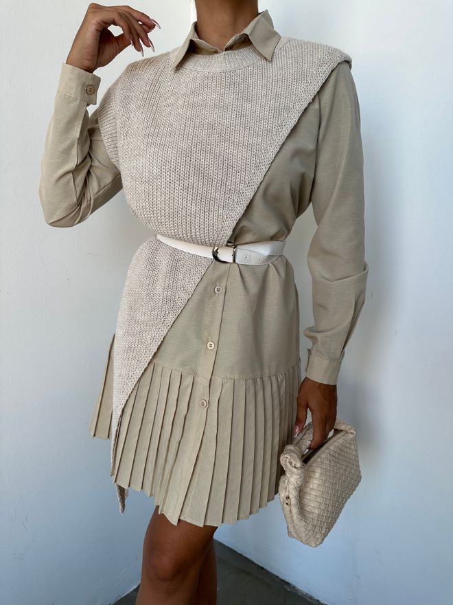 MyBee Belted Shirt Dress With Cross Knitwear Beige Wholesale Clothing Casual