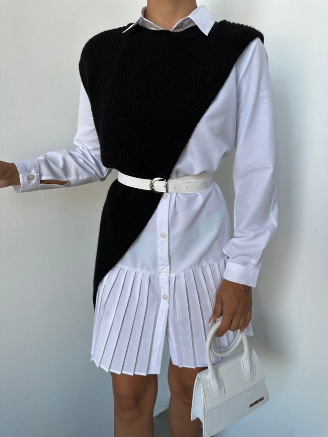MyBee Belted Shirt Dress With Cross Knitted White Wholesale Clothing Casual