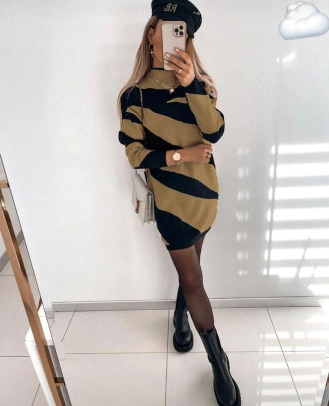 MyBee Zebra Knitwear Dress Wholesale Clothing Casual