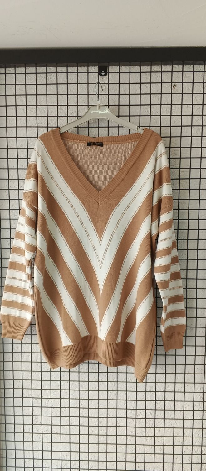 MyBee Stripe V Neck Sweater Brown Wholesale Clothing Casual