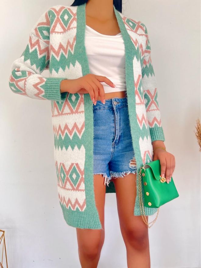 MyBee Jacquard Knitwear Cardigan Green Wholesale Clothing Casual