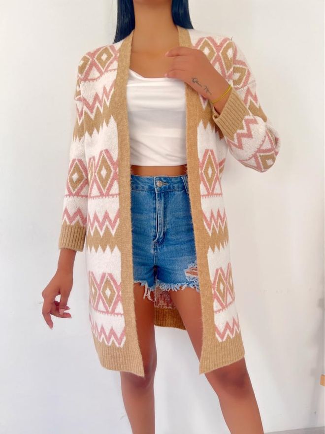 MyBee Jacquard Knitwear Cardigan Camel Wholesale Clothing Casual