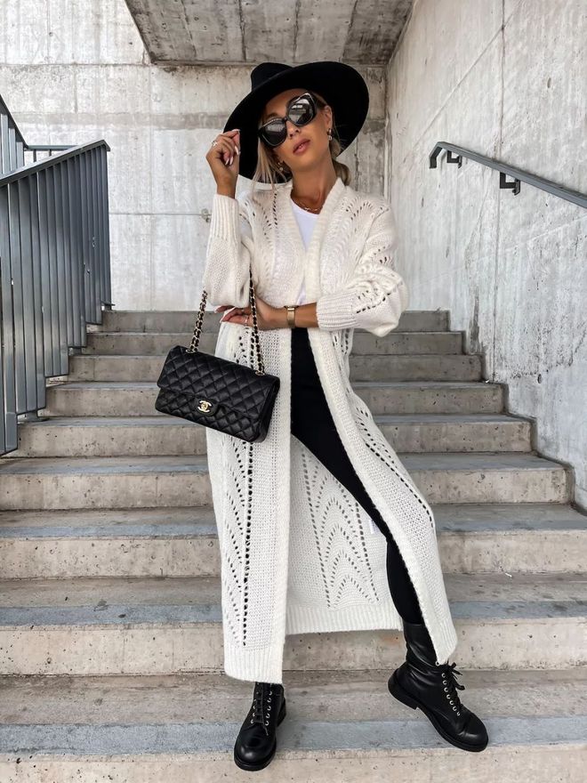 MyBee Openwork Long Cardigan Ecru Wholesale Clothing Casual