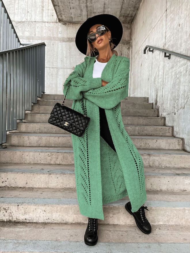 MyBee Ажурна Дълга Жилетка Мента Дрехи на едро Небрежен