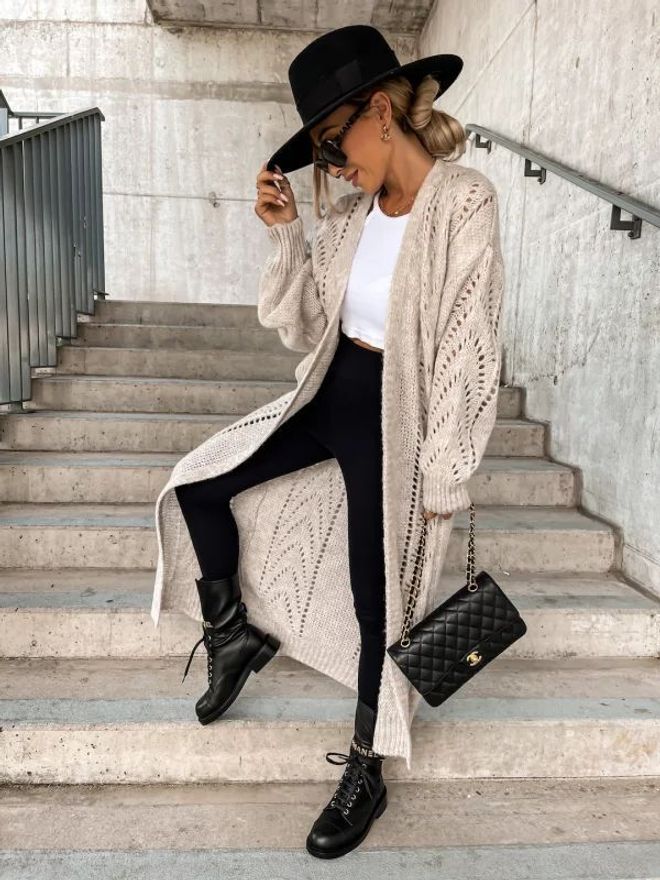 MyBee Cardigan lungo traforato Beige Abbigliamento all'ingrosso Casuale