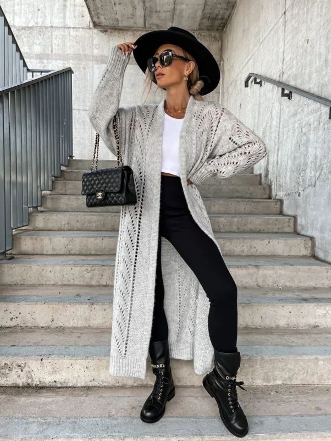 MyBee Openwork Long Cardigan Gray Wholesale Clothing Casual