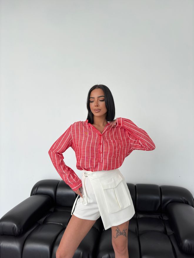 MyBee Črtasta lanena srajca rdeča 1 Oblačila na debelo Pomlad