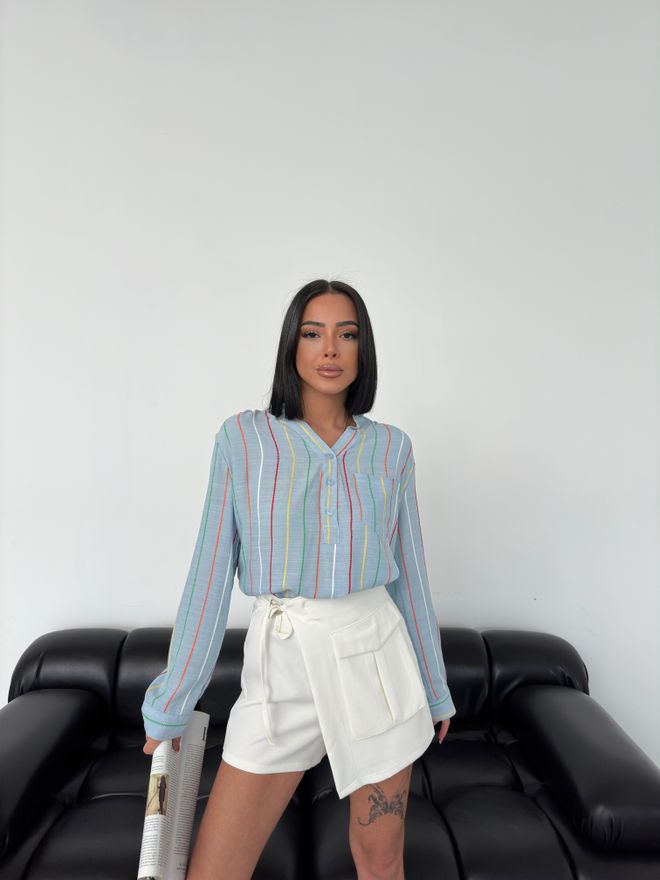 MyBee قميص كتان مخطط رمادي ملابس بالجملة ربيع