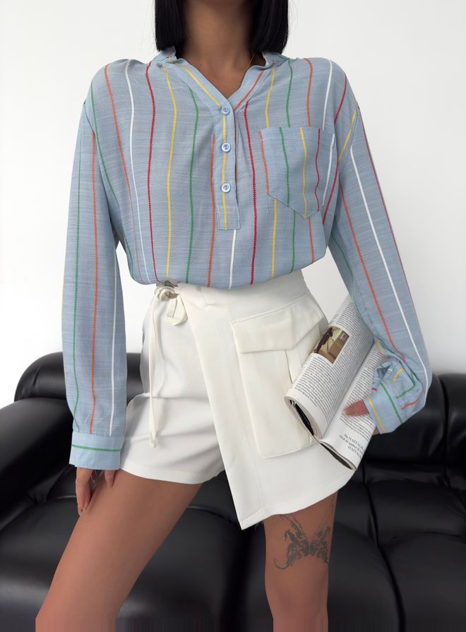 MyBee قميص كتان مخطط رمادي ملابس بالجملة شاطئ