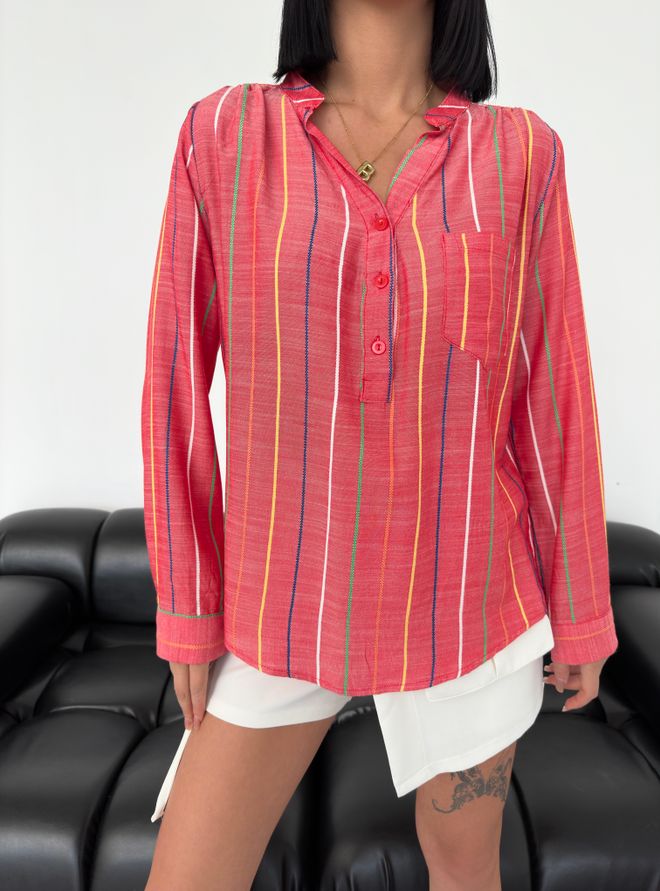 MyBee قميص كتان مخطط أحمر 2 ملابس بالجملة غير رسمي