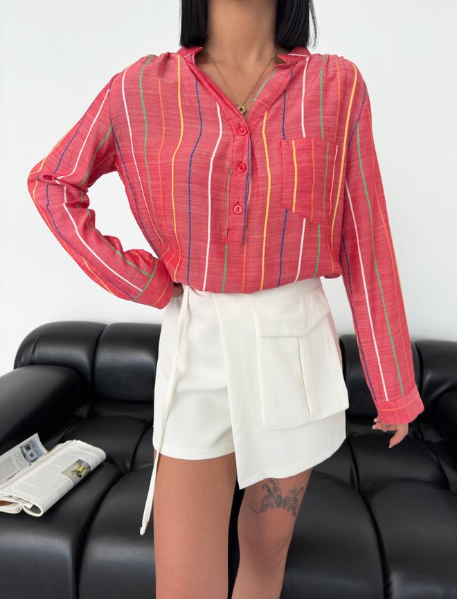 MyBee Camisa de linho listrada Vermelha 2 Roupas por atacado Praia