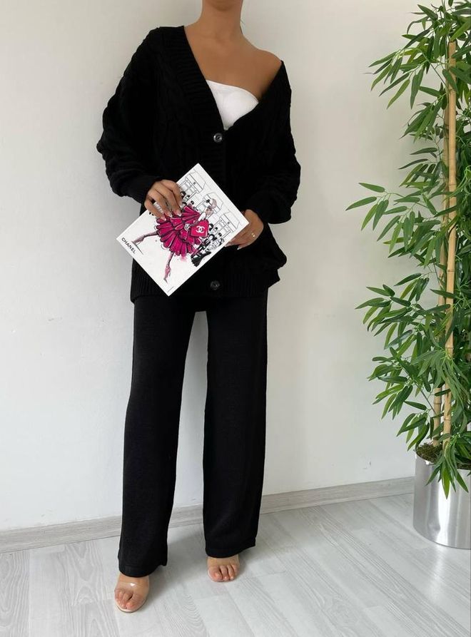 MyBee Haargestricktes Strickwaren Set – Schwarz Großhandelskleidung Lässig