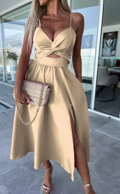A wholesale clothing model wears myb10530-strap-dress-beige, Turkish wholesale Dress of MyBee