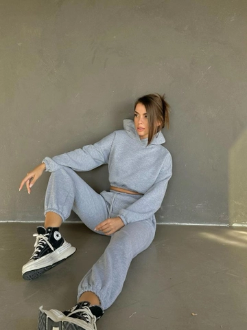 A wholesale clothing model wears  Hooded Crop Set
, Turkish wholesale Tracksuit of MyDükkan