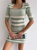 Ένα μοντέλο χονδρικής πώλησης ρούχων φοράει myd10061-striped-square-collar-knitwear-dress, τούρκικο  χονδρικής πώλησης από 