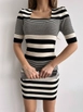 Een kledingmodel uit de groothandel draagt myd10062-striped-square-collar-knitwear-dress, Turkse groothandel  van 
