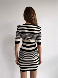 A wholesale clothing model wears myd10062-striped-square-collar-knitwear-dress, Turkish wholesale Dress of MyDükkan