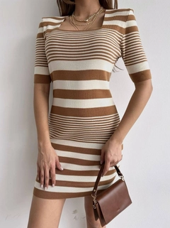A wholesale clothing model wears myd10063-striped-square-collar-knitwear-dress, Turkish wholesale Dress of MyDükkan