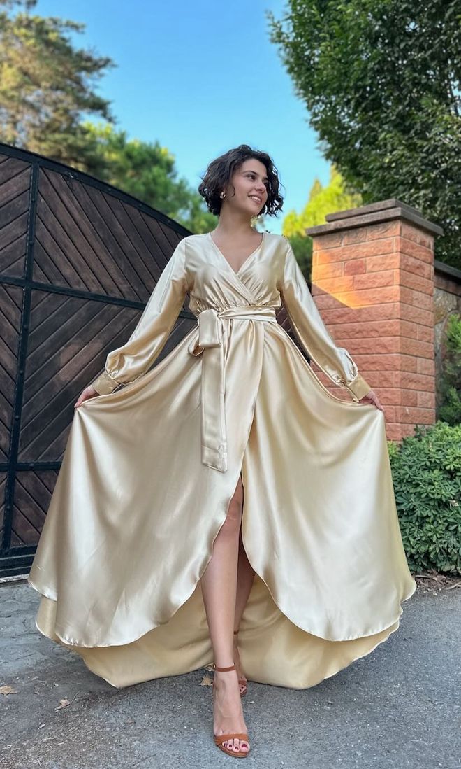 My Fashion Abito Lungo Maxi In Raso Con Scollo A V E Retro Giallo Oro Abbigliamento all'ingrosso Elegante