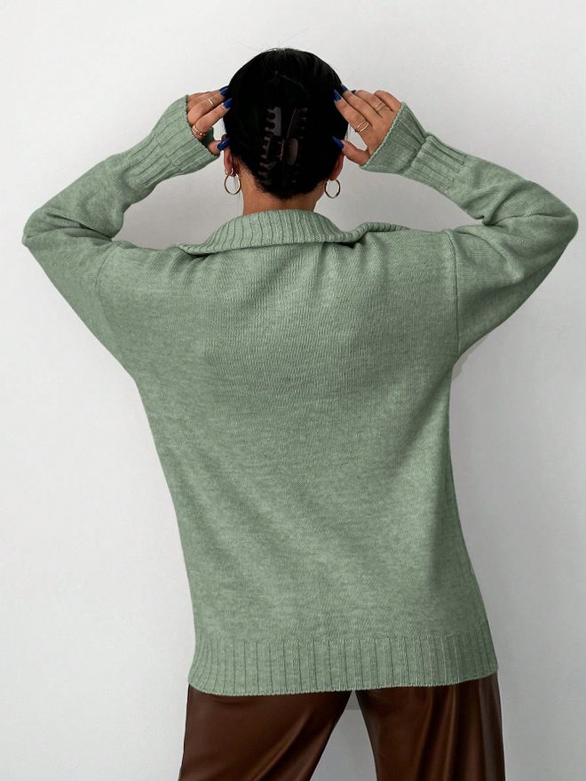 My Fashion Zippered Collar Sweater Almond Green Wholesale Clothing Acrylic