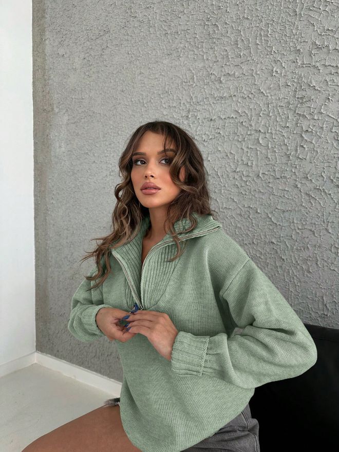 My Fashion Pullover Mit Reißverschlusskragen – Grün Großhandelskleidung Lässig