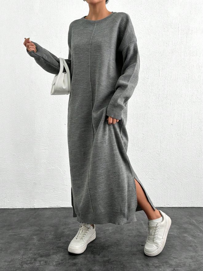 My Fashion Myf10158 Πλεκτό Ραμμένο Φόρεμα Γκρι Χονδρικό εμπόριο ενδυμάτων Casual