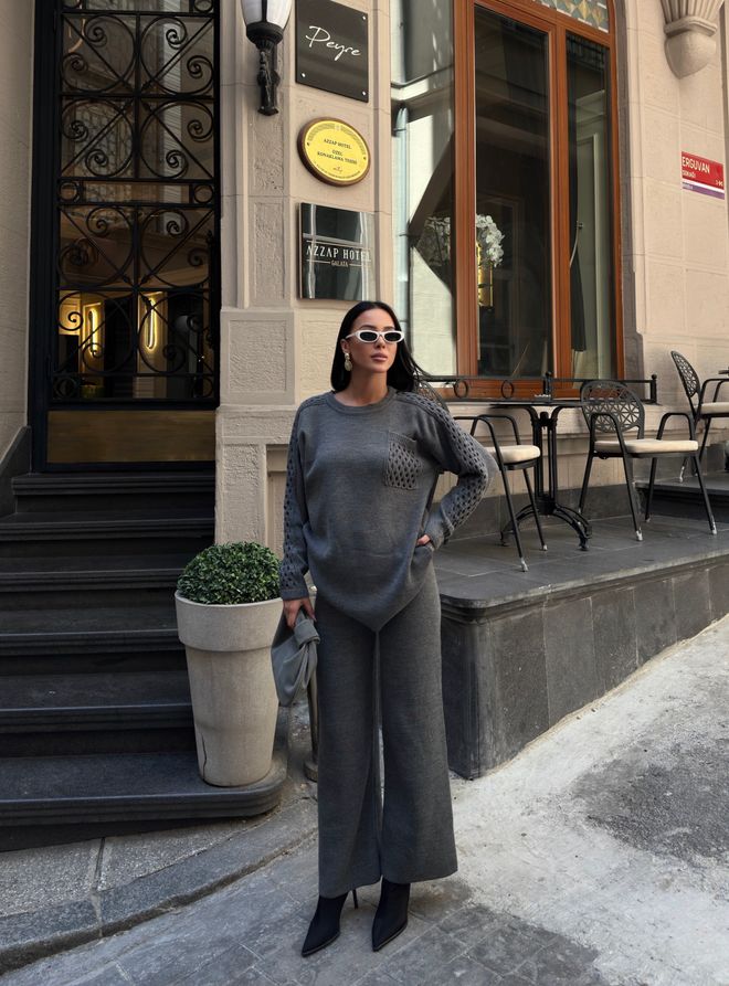 My Fashion Γκρι Casual Κομψό Ταγέρ Με Παντελόνια Palazzo Χονδρικό εμπόριο ενδυμάτων Casual