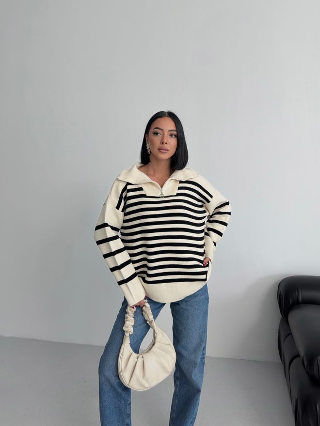 My Fashion Beige Oversized Fit Striped Sweater Wholesale Clothing Casual