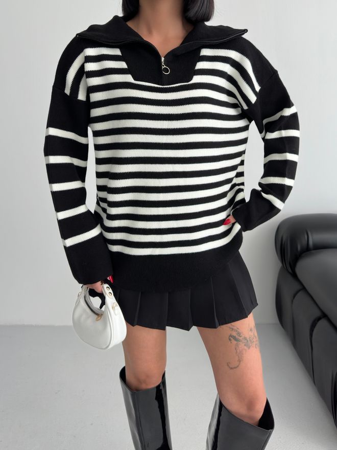 My Fashion Μαύρο Πουλόβερ Σε Μεγάλο Μέγεθος Με Ριγέ Και Κουκούλα Χονδρικό εμπόριο ενδυμάτων Casual