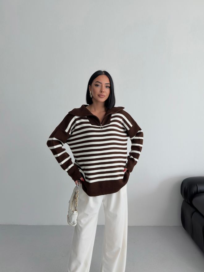 My Fashion Brown Oversized Striped Sweater With Notched Neck Wholesale Clothing Casual