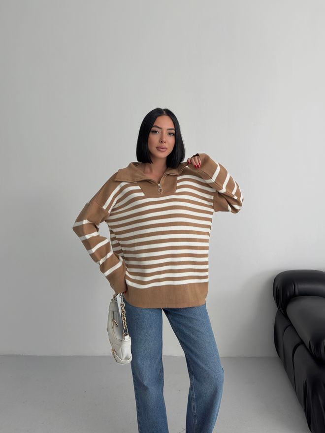 My Fashion Beige Striped Oversized Fit Sweater With Hooded Neck Wholesale Clothing Casual