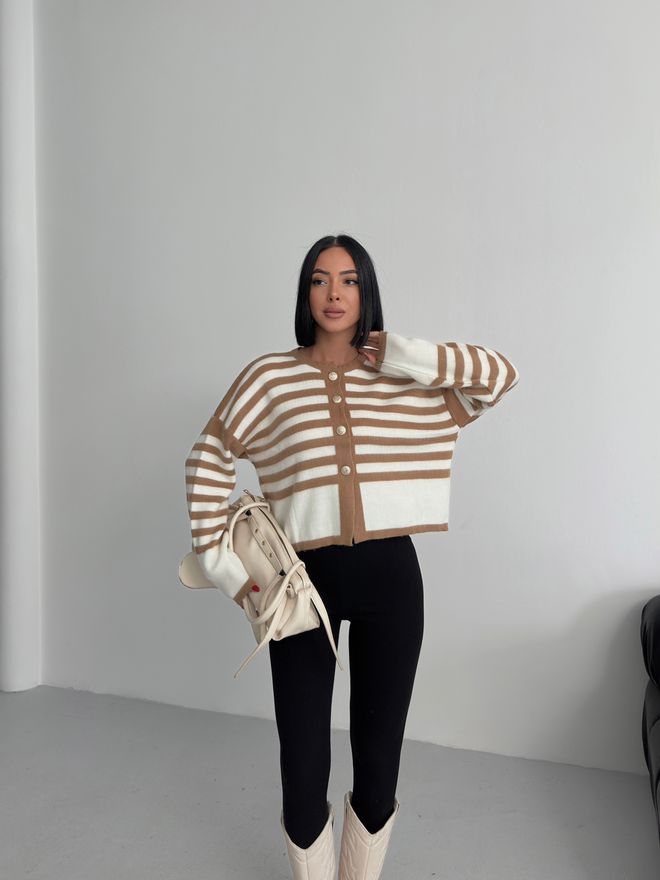 My Fashion Bež Črtasta Jopica Z Gumbi In Ekstra Dolgimi Rokavi Oblačila na debelo Ležerno