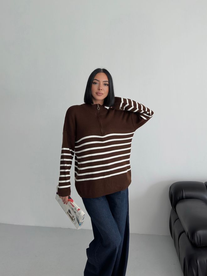 My Fashion Brown Oversized Fit Striped Sweater With High Neck Wholesale Clothing Modest