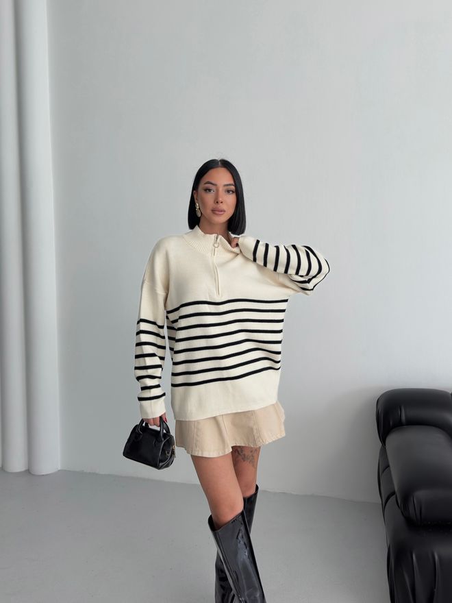 My Fashion Beige Striped Oversized Fit Sweater With High Neck Wholesale Clothing Casual
